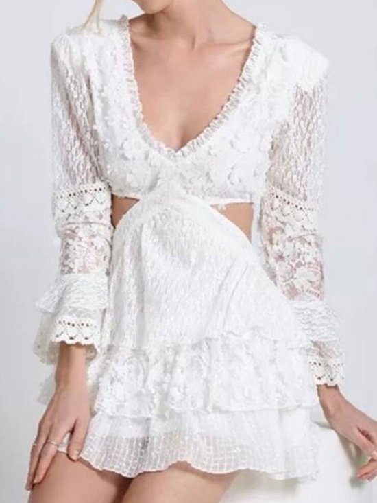 Avec Les Filles Dresses & Skirts - Avec Les Filles White Lace Cutout Tiered Mini Dress